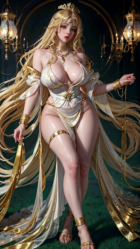 Full body picture，Exquisite, beautiful and charming face，Flowing blond hair，Gold anklet，The white gauze is wrapped around the plump and graceful body，The white and red skin is faintly visible，Tight and plump thighs pressed together，A pair of gold chains inlaid with jade were tightly wrapped around her beautiful jade-like feet.，With gentle shaking