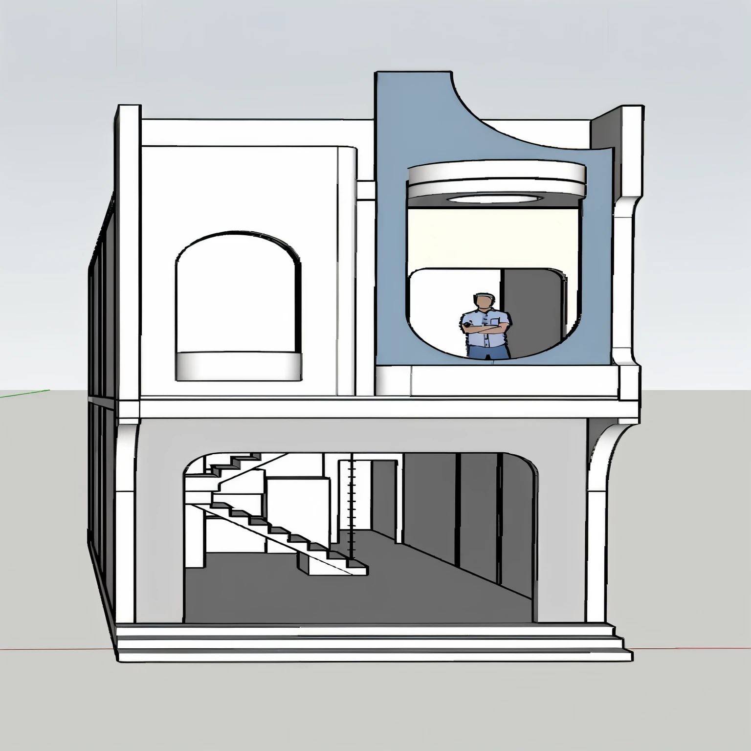 a close up of a drawing of a building with a man in the window, front-view, front perspective, sketch - up, side-view. highly detailed, perspective view, frontview, mid-view, elevation view, detailed rendering, 3/4 view, 3 / 4 view, rendered 3d model, 3d rendered model, architectural section