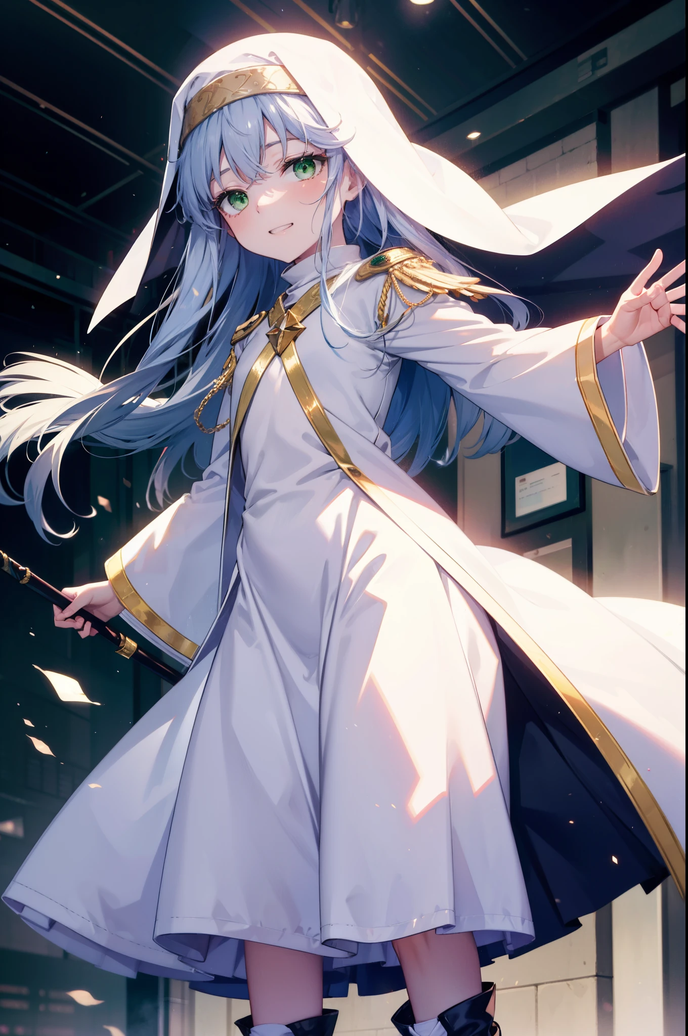index, index, (Green Eyes:1.5), Silver Hair, Long Hair, (Flat Chest:1.2),Grin,
break habit, Long sleeve, Nuns, Robe, white Robe, Wide sleeves,Long skirt,boots,Put your right hand on your hip,In his left hand he holds a long sacred staff,whole bodyがイラストに入るように,
break looking at viewer, whole body,
break indoors, church,
break (masterpiece:1.2), Highest quality, High resolution, unity 8k wallpaper, (figure:0.8), (Beautiful attention to detail:1.6), Highly detailed face, Perfect lighting, Highly detailed CG, (Perfect hands, Perfect Anatomy),