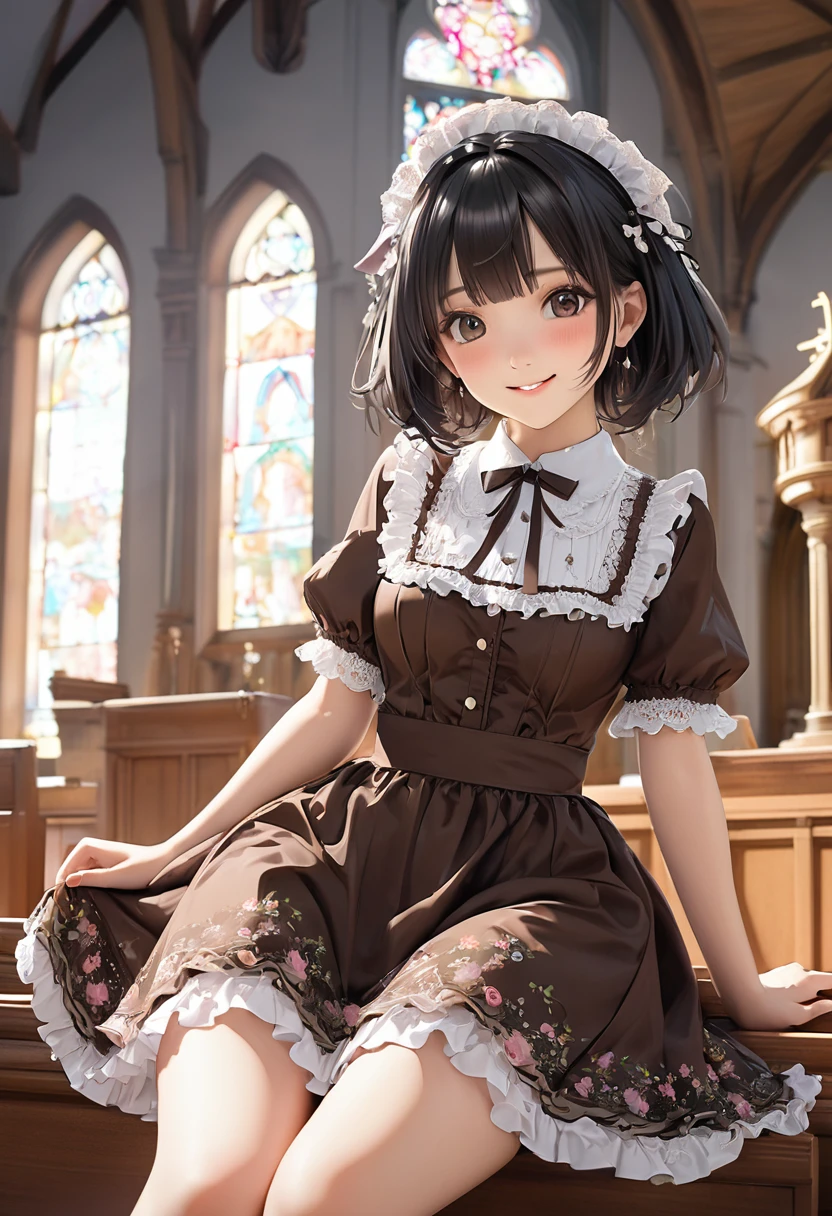 very cute and beautiful girl,(Very detailed美しい顔),
(smile),blush,Black Hair,View your viewers,(Brown lolita dress with a floral pattern and fine frills),Fine lace,
Sitting,(Spread your legs),Put your arms behind your back,(White panties),
altar,church,indoor,
(Highest quality,masterpiece:1.2),Absurd,High resolution,Super detailed,Very detailed,32k,8K resolution,
Intricate details,Movie Scenes,Detailed Background,alone,Dynamic Angle,