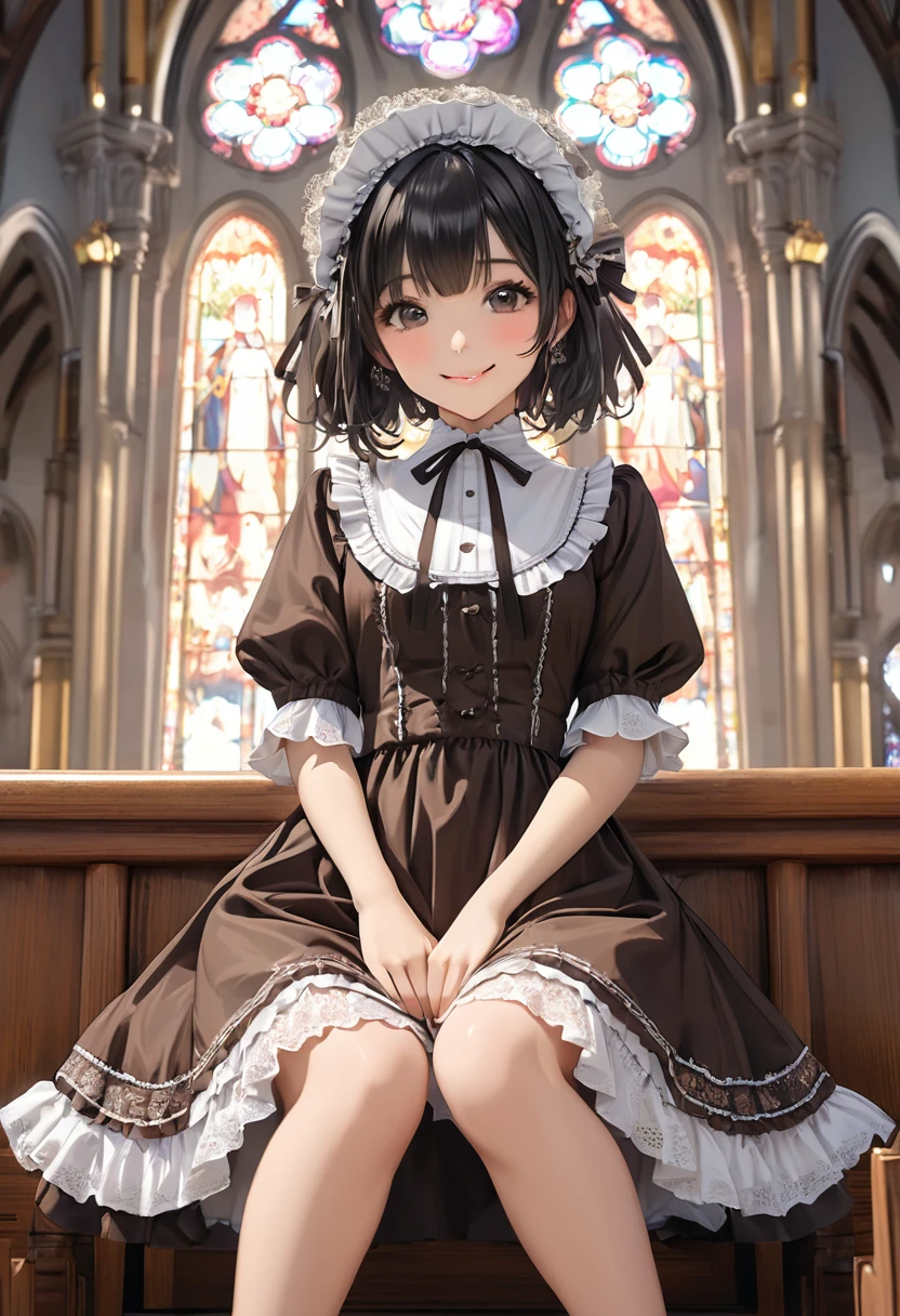 very cute and beautiful girl,(highly detailed beautiful face), (smile),blush,black hair,looking at viewer,(elegant brown plaid lolita dress with detailed frills),detailed lace, sitting,spread legs,arms behind back,(white panties), altar,church,indoors, (best quality,masterpiece),absurdres,highres,ultra-detailed,extremely detailed,32k,8k resolution, intricate details,cinematic scene,detailed background,solo,dynamic angle,(realistic),