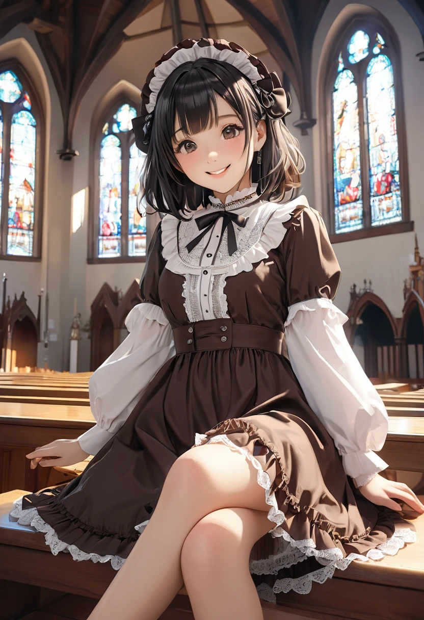 very cute and beautiful girl,(Very detailed美しい顔),
(smile),blush,Black Hair,View your viewers,(Brown ta dress with a floral pattern and fine frills),Fine lace,
Sitting,(Spread your legs),Put your arms behind your back,(White panties),
altar,church,indoor,
(Highest quality,masterpiece:1.2),Absurd,High resolution,Super detailed,Very detailed,32k,8K resolution,
Intricate details,Movie Scenes,Detailed Background,alone,Dynamic Angle,