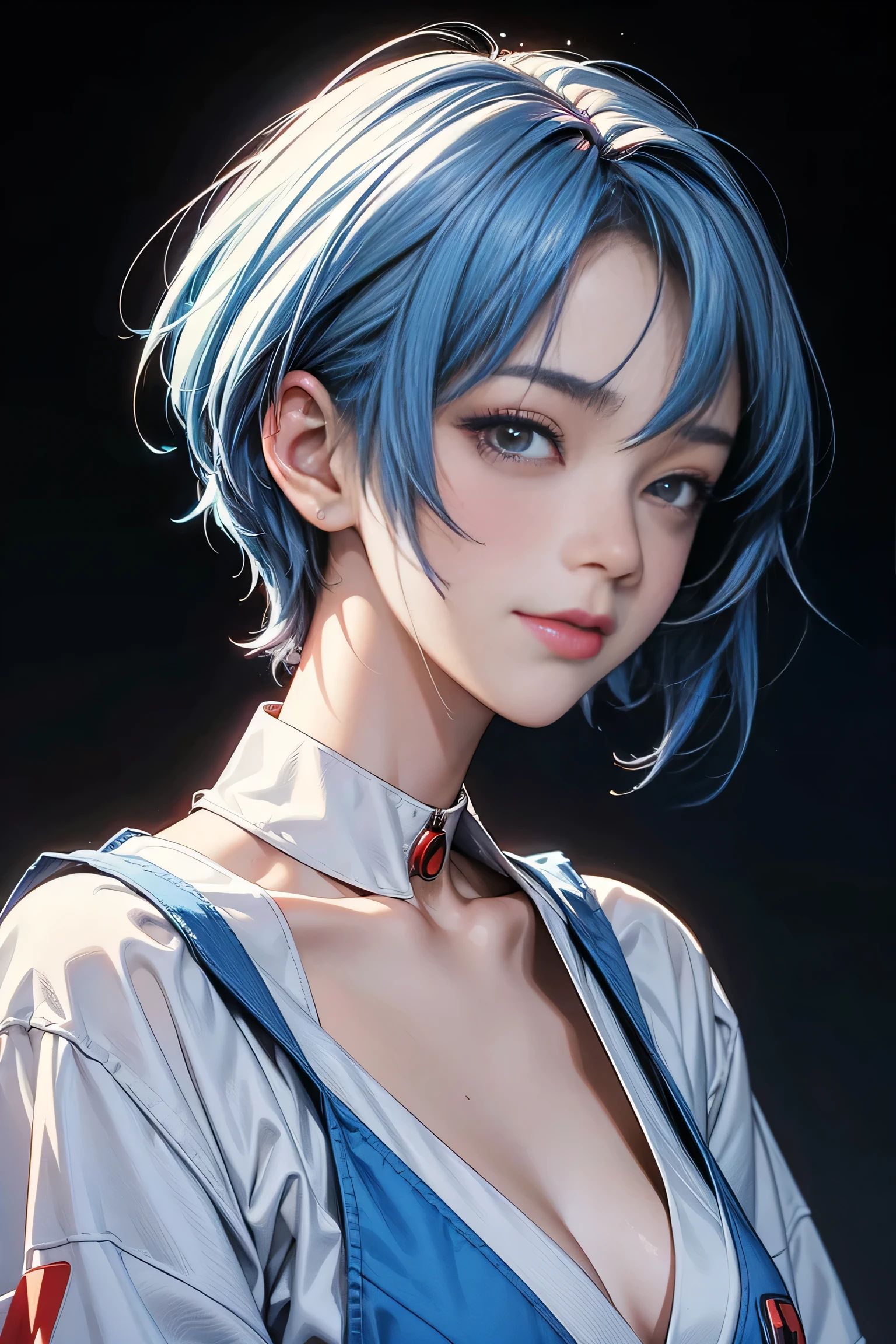 A masterpiece portrait of smiling Rei Ayanami (Evangelion), Evangelion (Hideaki), Caustics, High resolution illustrations, Red eyes, feminine, No students, Blue Hair, short hair, Japanese , loafers, Spank, Synthwave, paint Splashs, Shaded flat illustration, Digital Art, Trending on Art Station, Very detailed, The finer details, Complex, Splash, Overtake, Vaporware, Neon color