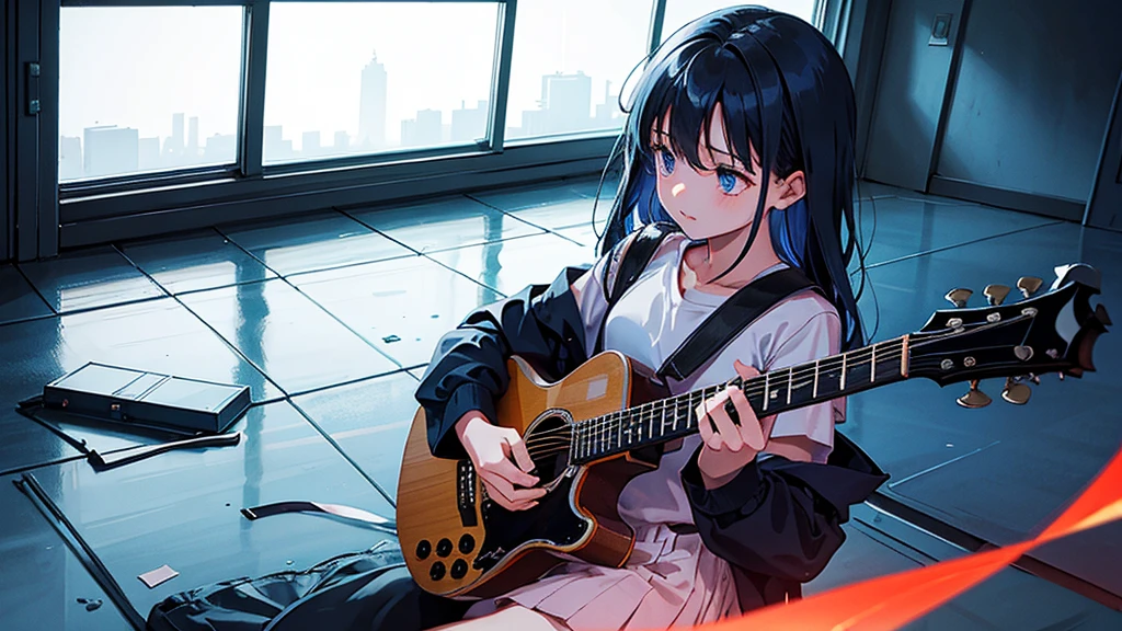 In a dark room、The window is flapping in the wind。A 15-year-old girl playing the guitar from behind