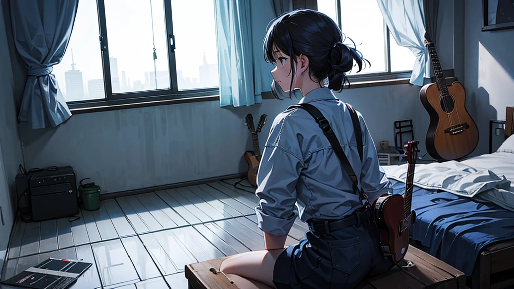 In a dark room、The window is flapping in the wind。A 15-year-old girl playing the guitar from behind