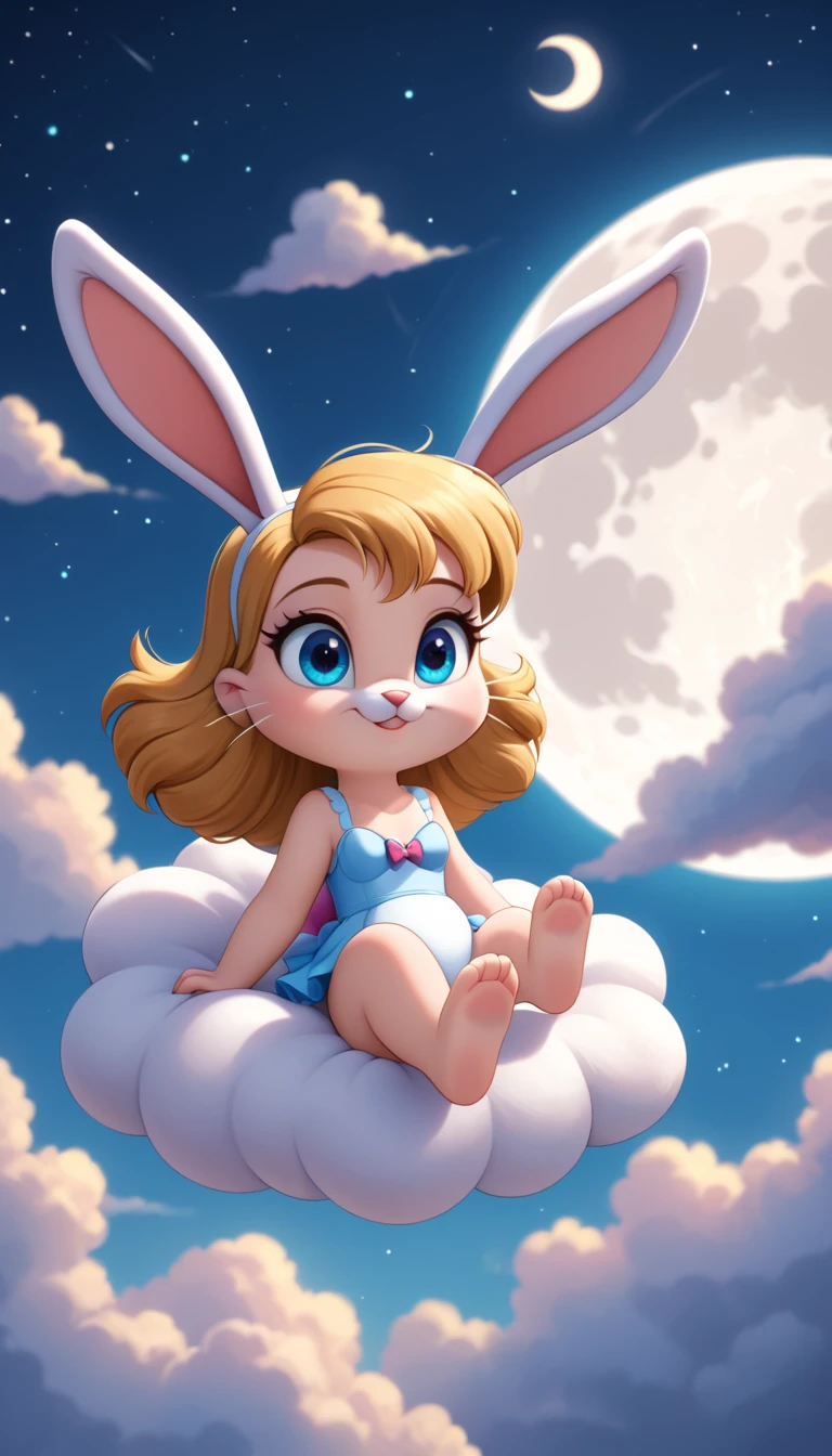 A cute little bunny with white whiskers and bright eyes,Bunny dreaming of adventures, floating between clouds with a bright moon in the sky
