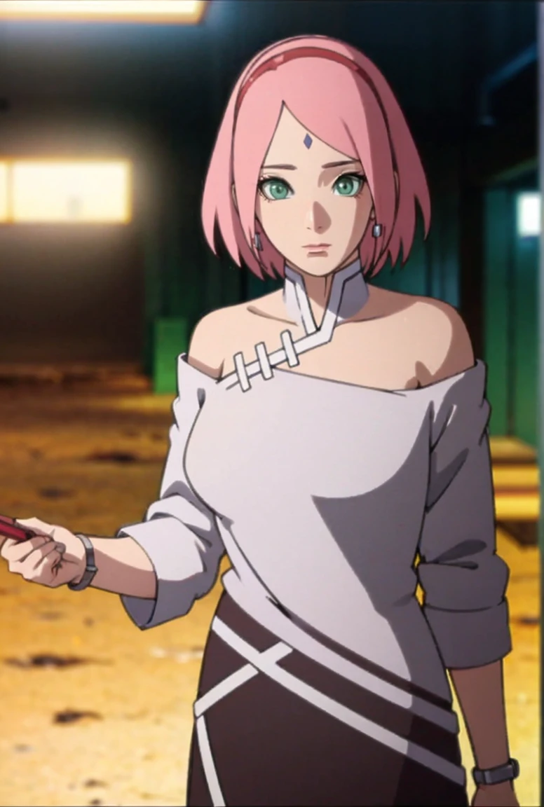 masterpiece, best quality, beautiful sakura haruno, pink hair,(cowboy shot),jewelry, earrings, (black skirt:1.2), wristwatch, (off-shoulder sweater), pencil skirt, collarbone, large breasts,(intricately detailed, hyperdetailed), blurry background,depth of field, best quality, masterpiece, intricate details, tonemapping, sharp focus, hyper detailed, trending on Artstation,1 girl, high res, official art