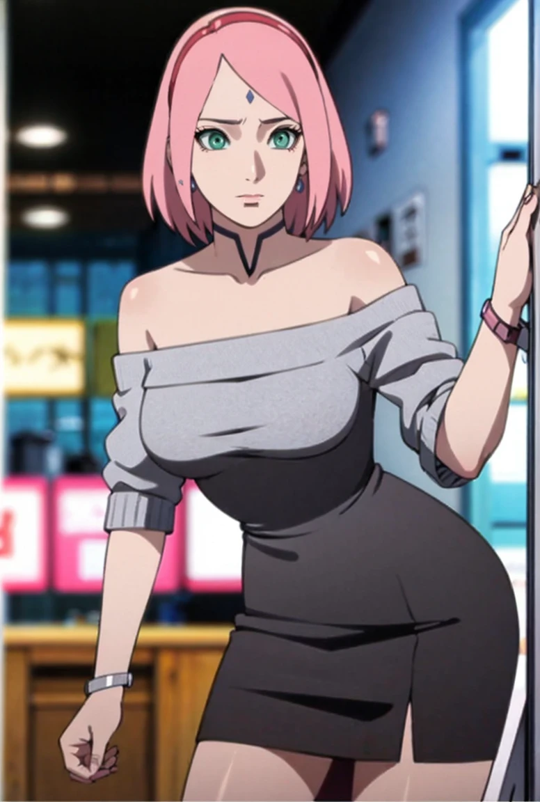 masterpiece, best quality, beautiful sakura haruno, pink hair,(cowboy shot),jewelry, earrings, (black skirt:1.2), wristwatch, (off-shoulder sweater), pencil skirt, collarbone, large breasts,(intricately detailed, hyperdetailed), blurry background,depth of field, best quality, masterpiece, intricate details, tonemapping, sharp focus, hyper detailed, trending on Artstation,1 girl, high res, official art