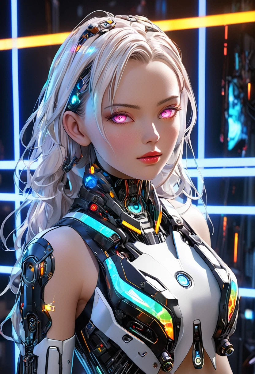 masterpiece, best quality, 1girl, white hair, adult, fully mature, surronding by cable and wire , broken parts , apocalypse . girl half android , anime , (best quality, highres:1.2), ultra-detailed, realistic, concept artist, portrait, vivid colors, studio lighting, laser lights, technology, futuristic, 3D rendering, electric glow, biomechanical, extravagant makeup, cyberpunk aesthetic, sparkling jewels, glowing tattoos, cybernetic enhancements, high-tech fashion, reflective surfaces, bionic limbs, advanced robotics, digital art, dystopian, post-apocalyptic, striking contrast, dynamic composition, immersive environment, sci-fi ambiance, colorful holograms, dark background, ethereal aura, translucent elements, neon grids, mind-blowing details, perfect symmetry, ornate accessories, glamorous diva, unconventional beauty, controlled chaos, mesmerizing gaze, alluring posture, confident presence, technological marvels, unique and enchanting.