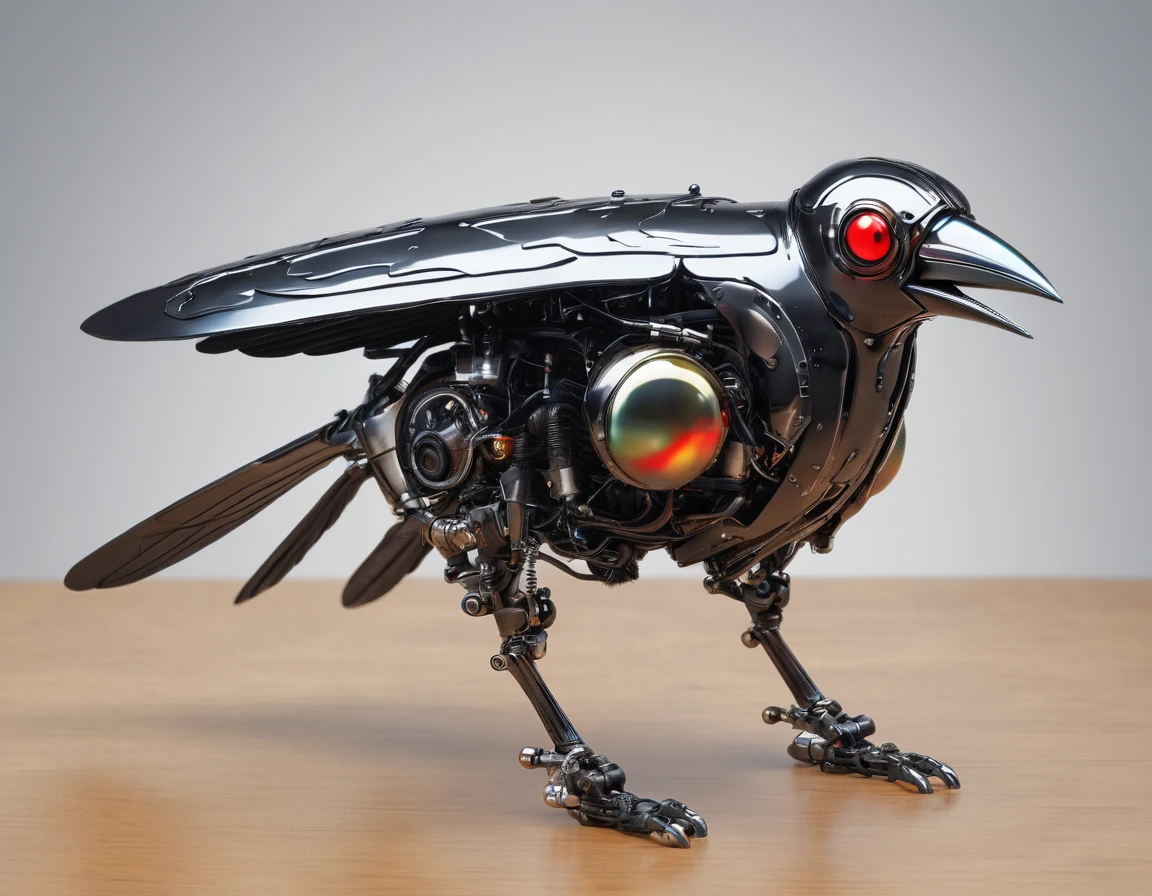  fly, simple shape robot crow , made of liquid metal, red eye