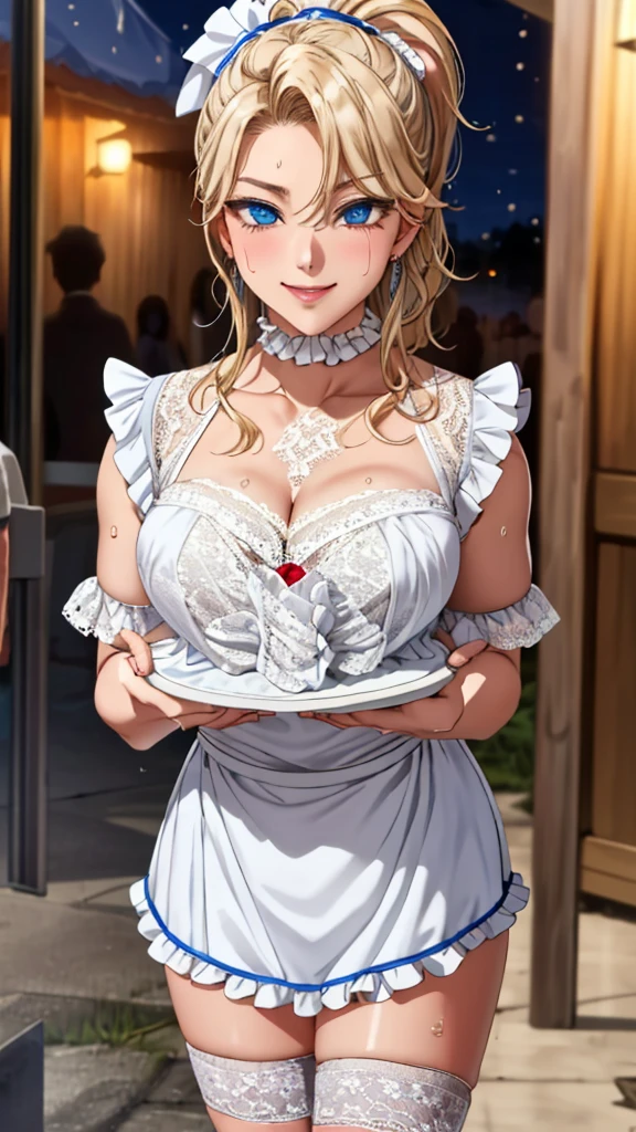 Realistic, masterpiece, Highest quality, (Beautiful Eyes), One high school girl, Huge breasts, Sweat, night, Outdoor, Vibrant restaurant, ((White lace frilled chest curtain:1.6)), smile, Wet Face, Wet body, ponytail, Earrings,  White apron,  Puff short sleeves,  Small tray,  Central opening, 