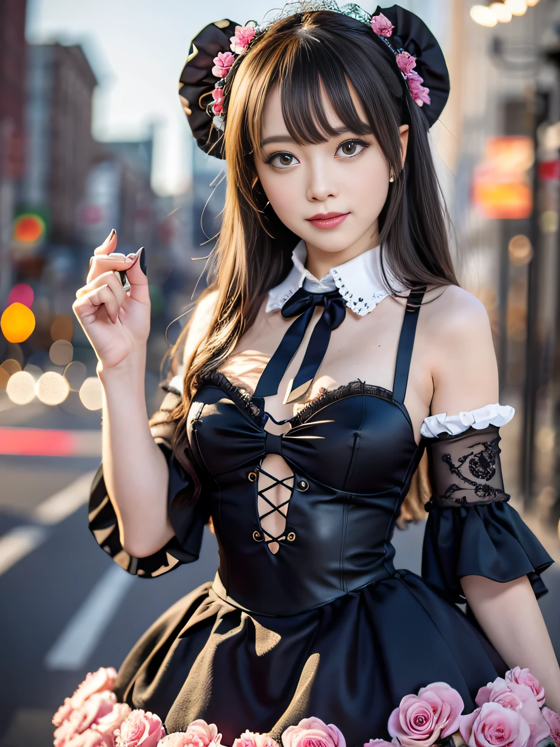 Full Body Shot、Thighs、(Realistic, photo-Realistic:1.37), Incredibly absurd, (Very detailed:1.3), 8K, (masterpiece), (Highest quality:1.4), (Ultra-high resolution:1.2), (RAW Photos:1.2), Very detailed background, (unity 8k wallpaper), 1 nogizaka girl, very cute, bishojo, 15 years, (Cheshire Cosplay Costume), Exquisitely drawn beautiful faces, eyes and skin, Detailed black shiny hair, Elegant frills, Frilled tie, Ribbon tie, Rose Hair Accessories, Delicate lace dress, soft fabric, Beautiful rose pattern, Smiling for the camera, Cowboy Shot, Cityscape, Professional Lighting
