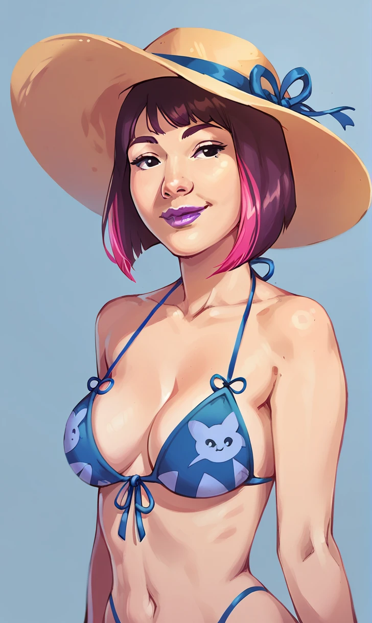 score_9, score_8_up, score_7_up, r1s0, 1girl, simple background, Asian, bikini, sunny, lovely, bob cut hair, sun hat, gentle smile, purple lips, black eyes,