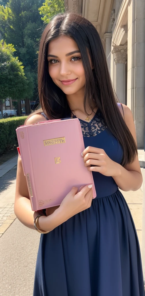 Woman. dark hair. long hair, eyes browns, wearing a blue formal dress, carrying a medium-sized bag with magazines, libero, light pink lipstick, expression of happiness, holding a bible in his right hand, (Friendly expression on the face), (well-detailed face), sunny day, (ultra detaild) ((best qualityer)) Jehovah's Witness, Christian, talking about the Bible
