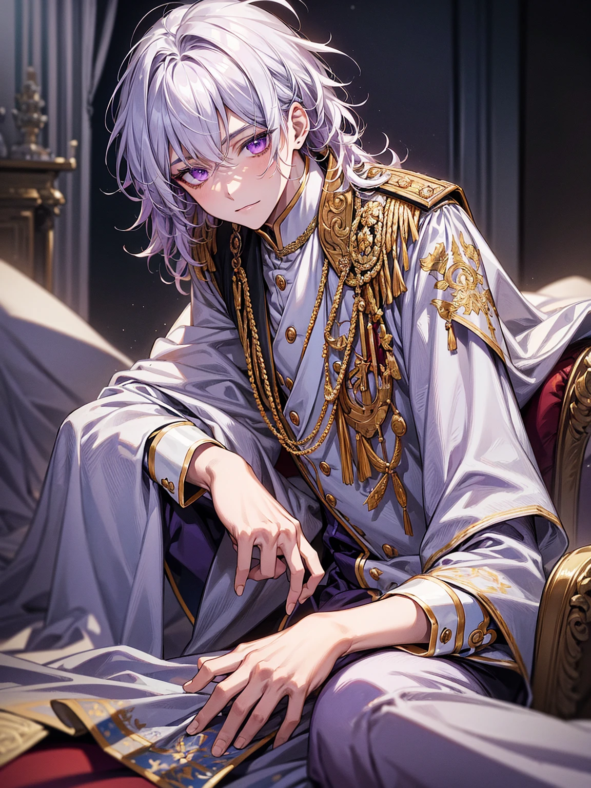 young male teenager, Sitting, in the palace,ultra detail, Ultra HD, masterpiece, best quality,purple eyes, white hair, medium hair,messy hair,Prince's uniform,close up photo