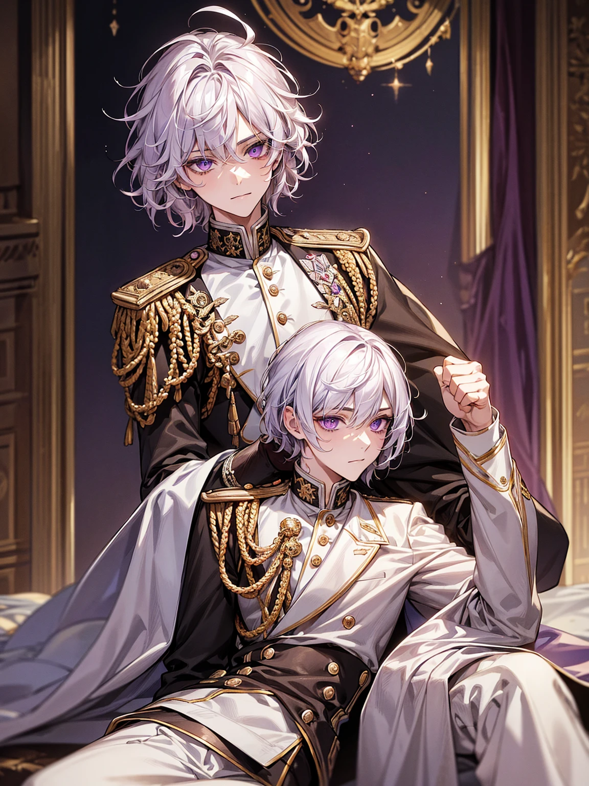 young male ager, Sitting, in the palace,ultra detail, Ultra HD, masterpiece, best quality,purple eyes, white hair, medium hair,messy hair,Prince's uniform,close up photo