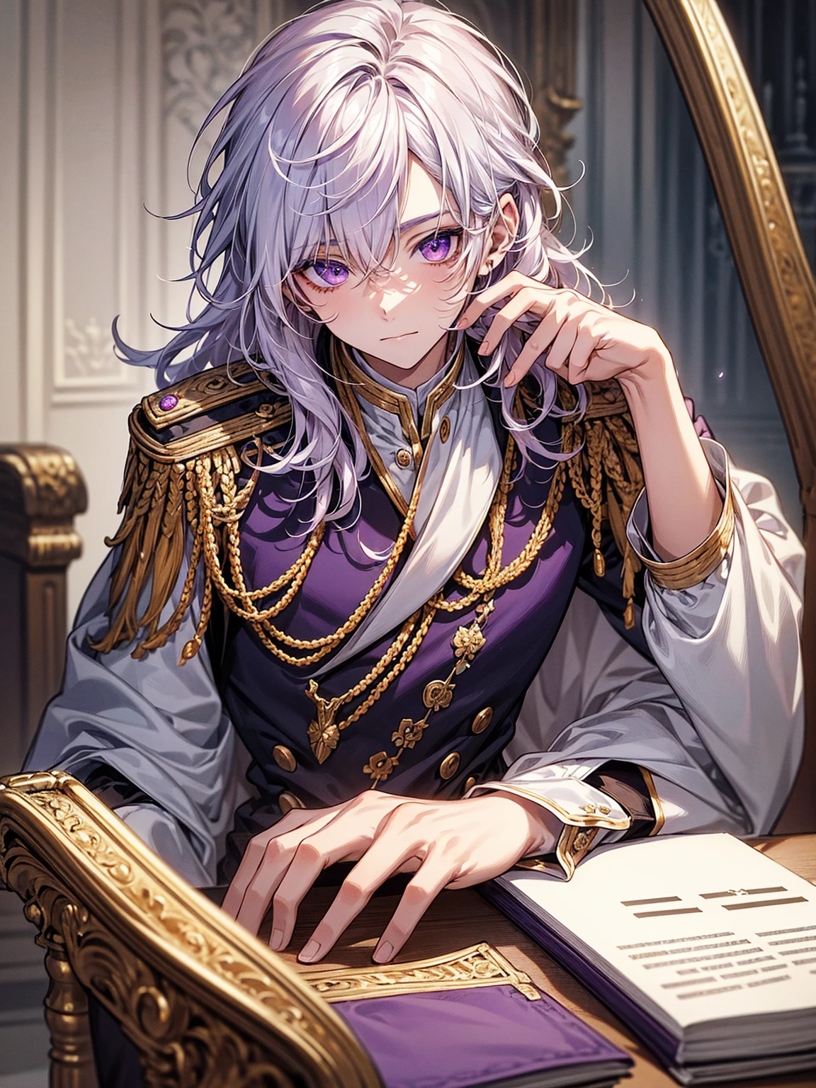 young male teenager, Sitting, in the palace,ultra detail, Ultra HD, masterpiece, best quality,purple eyes, white hair, medium hair,messy hair,Prince's uniform,close up photo