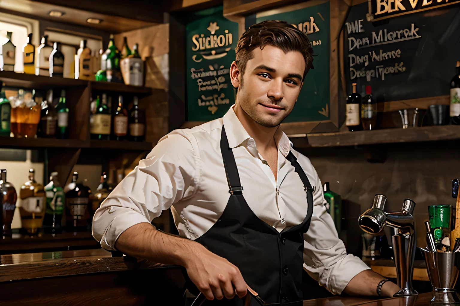 irish pub with handsome bartender standing behind the bar