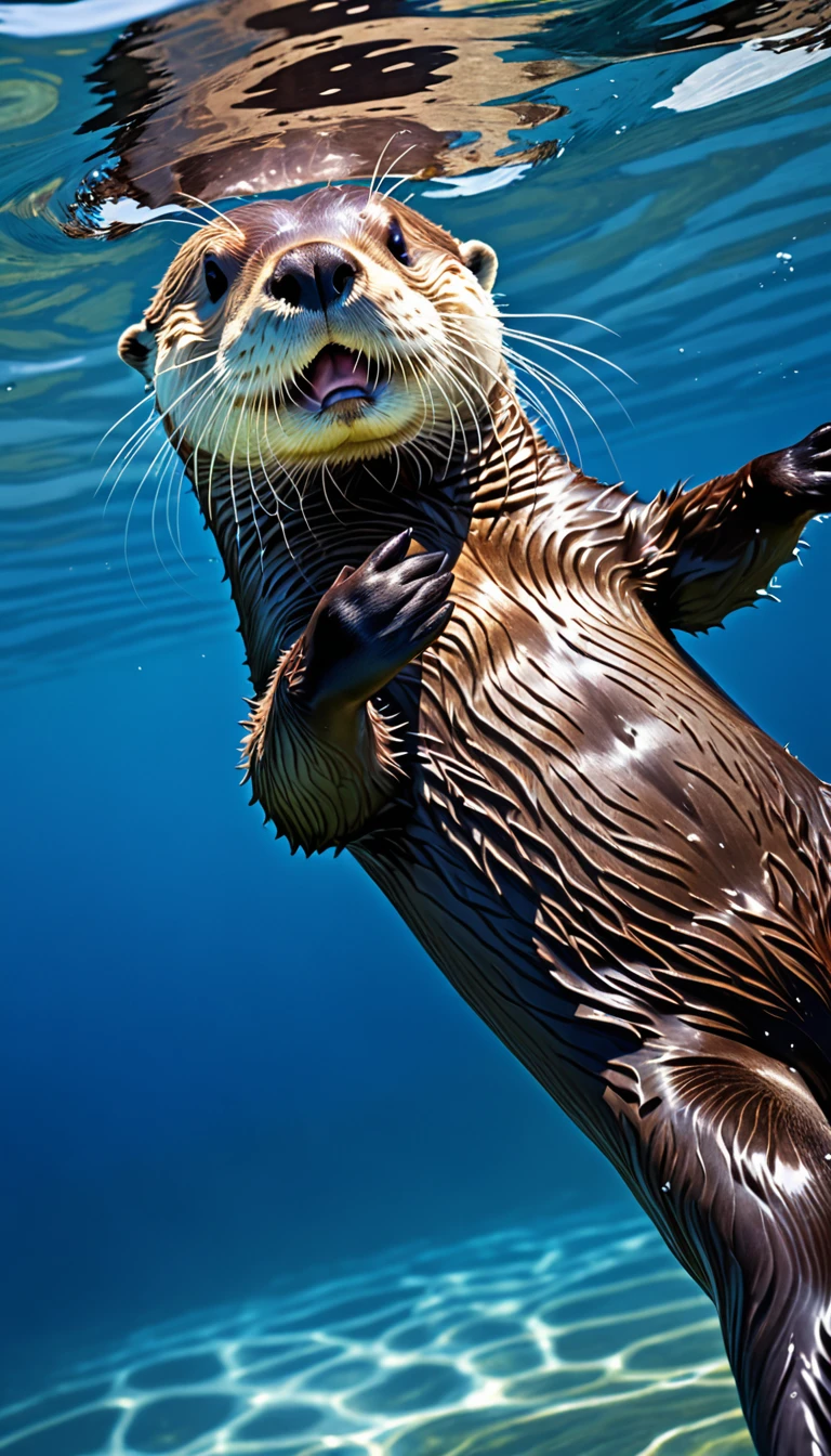 sea otter,backstroke,blue ocean,animal photo, realistic,masterpiece, high quality