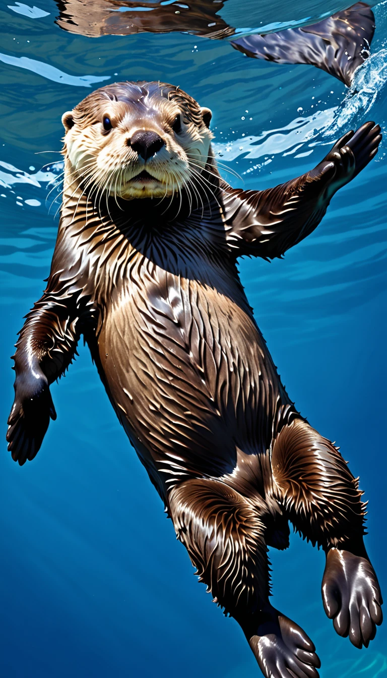 sea otter,backstroke,blue ocean,animal photo, realistic,masterpiece, high quality
