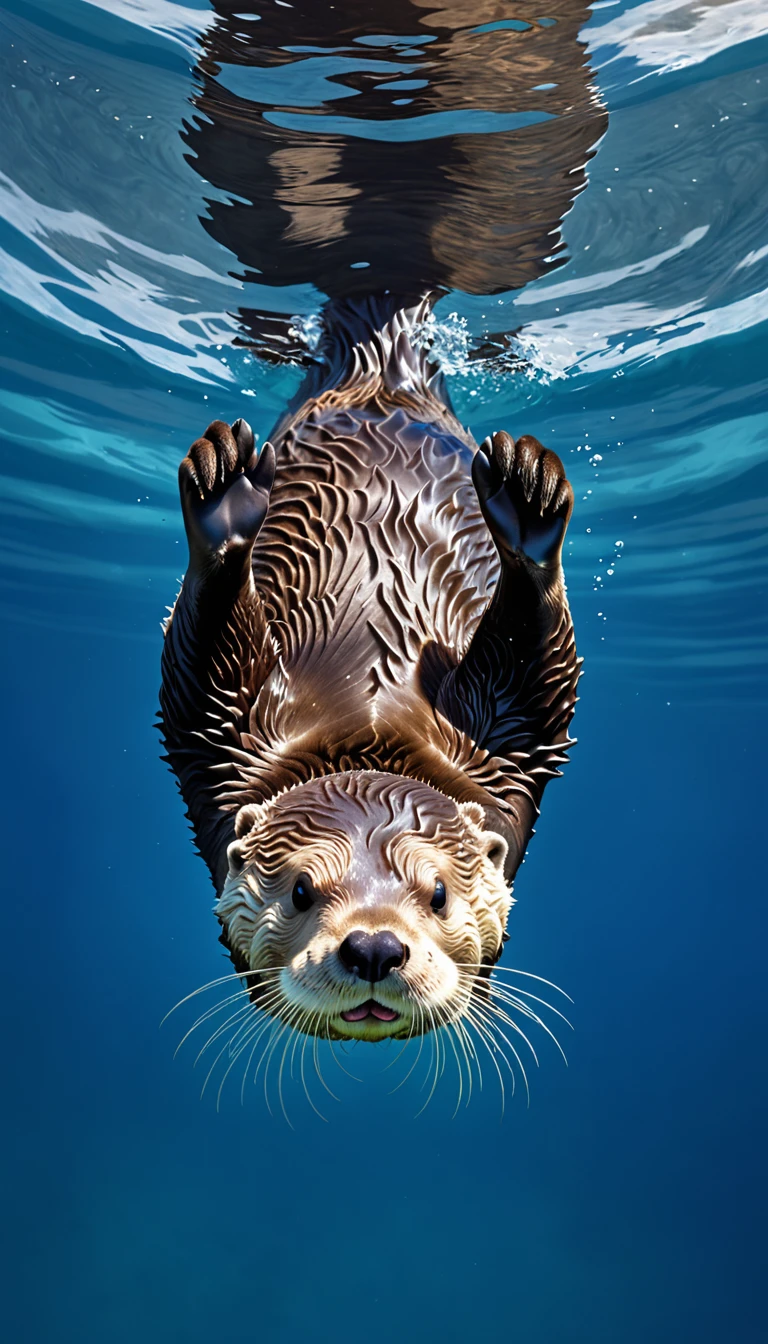 sea otter,backstroke,blue ocean,animal photo, realistic,masterpiece, high quality