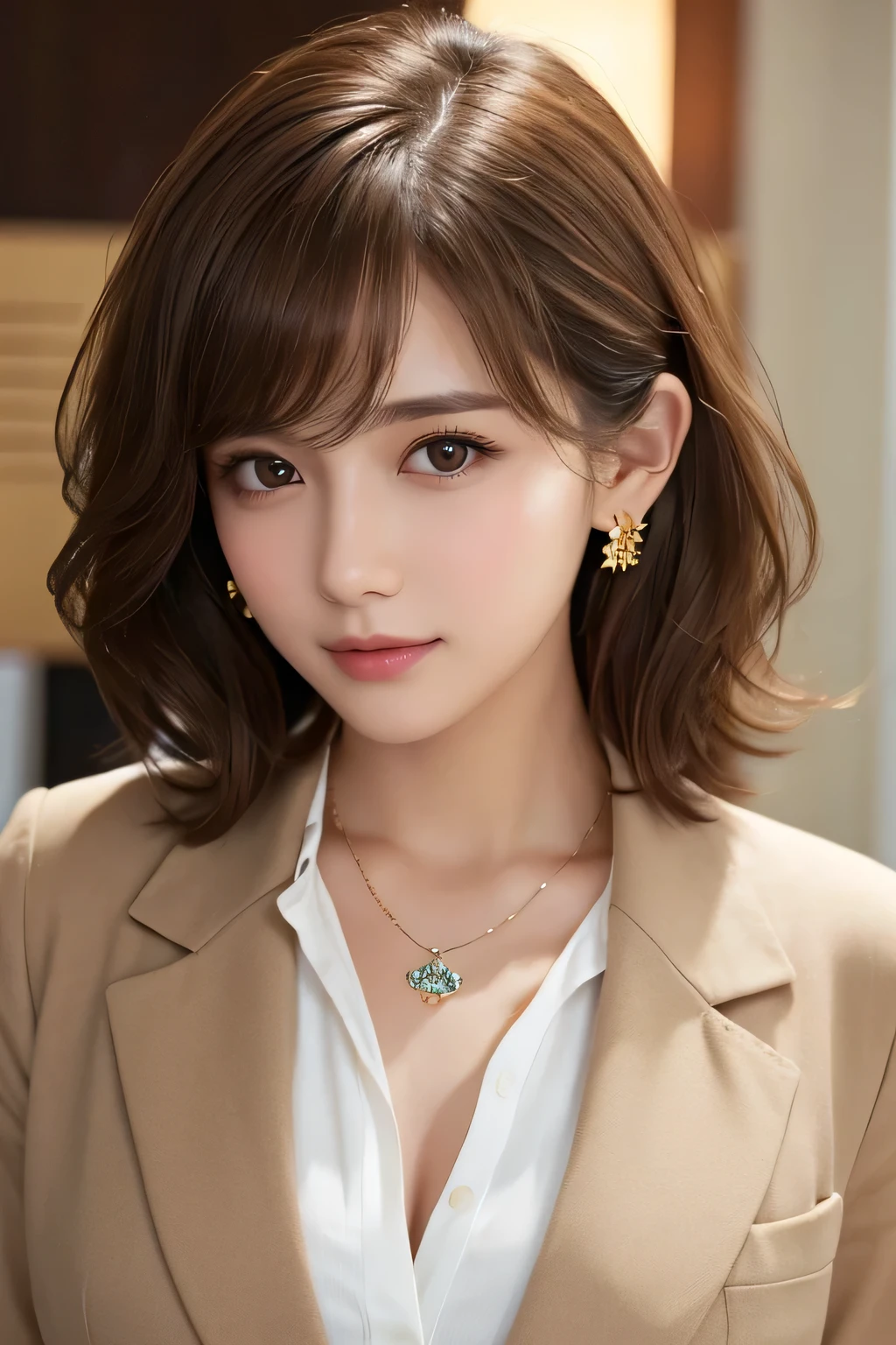 Beautiful young woman、 、Light brown hair、Necklace around the neck、Office Lady Suits、Jacket、Unbuttoned shirt、Wavy Hair、short hair、Intricate details, Very detailed:1.2), 、 Looking into the camera,The background is the office、Necklace around the neck、looking at the camera、ear piercing
