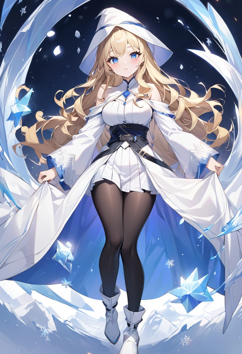 Blonde　Wavy Hair　Blue Eyes　Fair skin　cute　beautiful girl　17 years old　164㎝　kind　clear　Different world　Wizard　ice魔法　ice　snow　Beautiful feet　thin feet　Large Breasts　Beautiful buttocks　Small waist　White Robe　White Skirt　black tights　White boots

