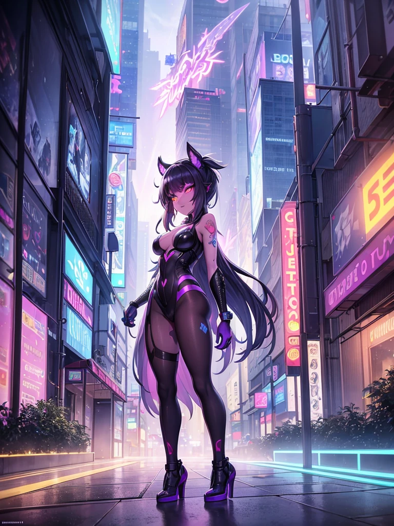 (best quality,4k,highres,masterpiece:1.2),ultra-detailed,realistic,cyberpunk cityscape,glimmering neon lights,chica elfo with vibrant purple hair,cybernetic eye enhancements,tattoos on her arms, intricate and ornate cyberpunk fashion style,close-up shot,expressive eyes,playful smile,enchanted atmosphere,dark alleyways,hovering drones,crowded streets,blurred motion, futuristic skyscrapers dominating the skyline, city bathed in hues of blue and purple,glowing holographic advertisements,digital rain falling,steam rising from grates,reflection of neon lights on wet pavement