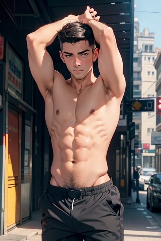 A handsome male police officer is stripped completely naked and his hands above his head in the street,blushing with embarrassment.