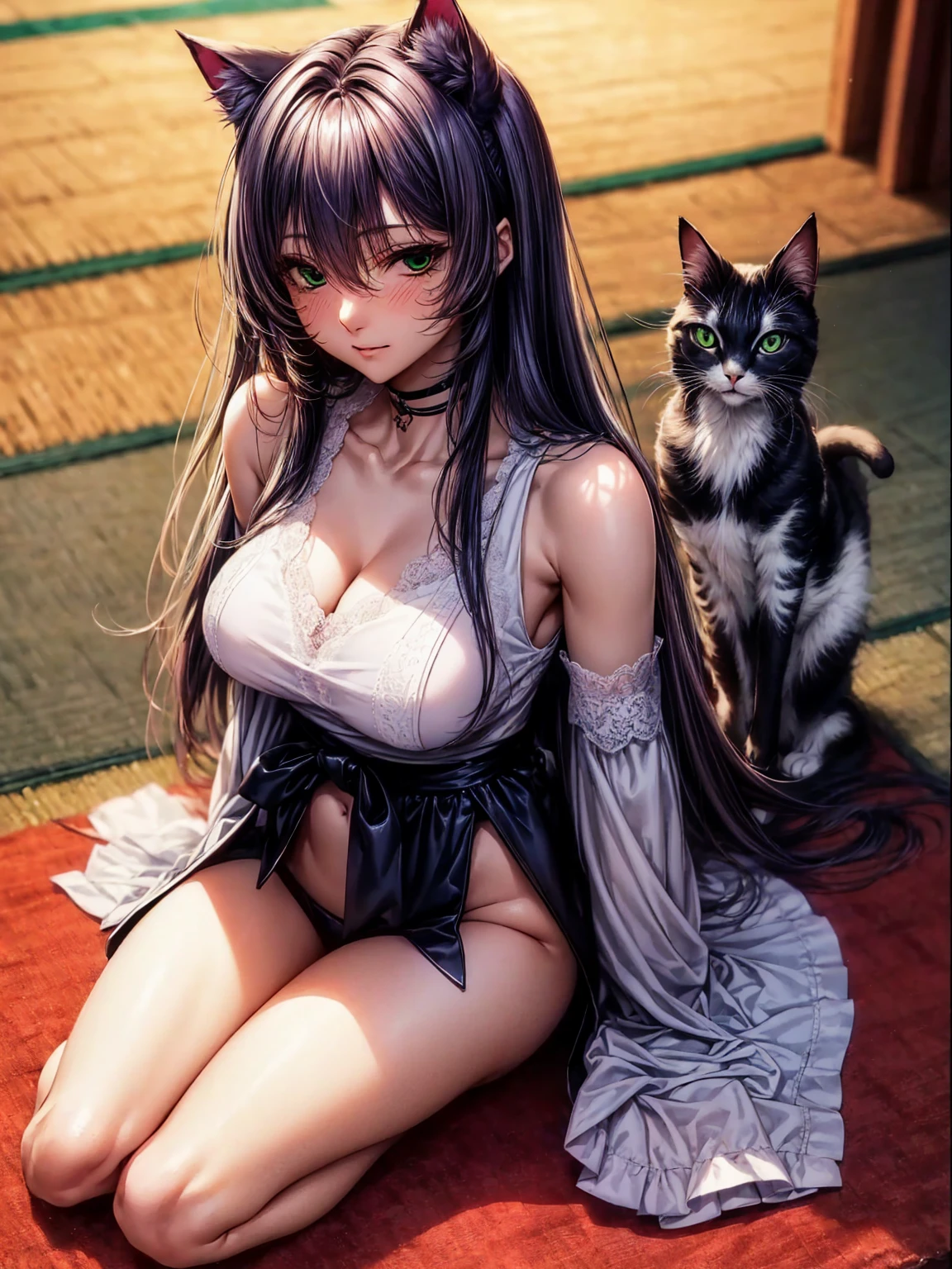 (top-quality、tmasterpiece、high resolution、super high image quality), 1girl, 8K, Rei Himiyama, Amakano, dark purple hair, straight hair, straight hair to the waist, perfect figure, 20 years old, F Cup, big butt, green eye, (clear eye white part), cat girl, bangs between eyes, crouch on the tatami, cat ear, mature long face