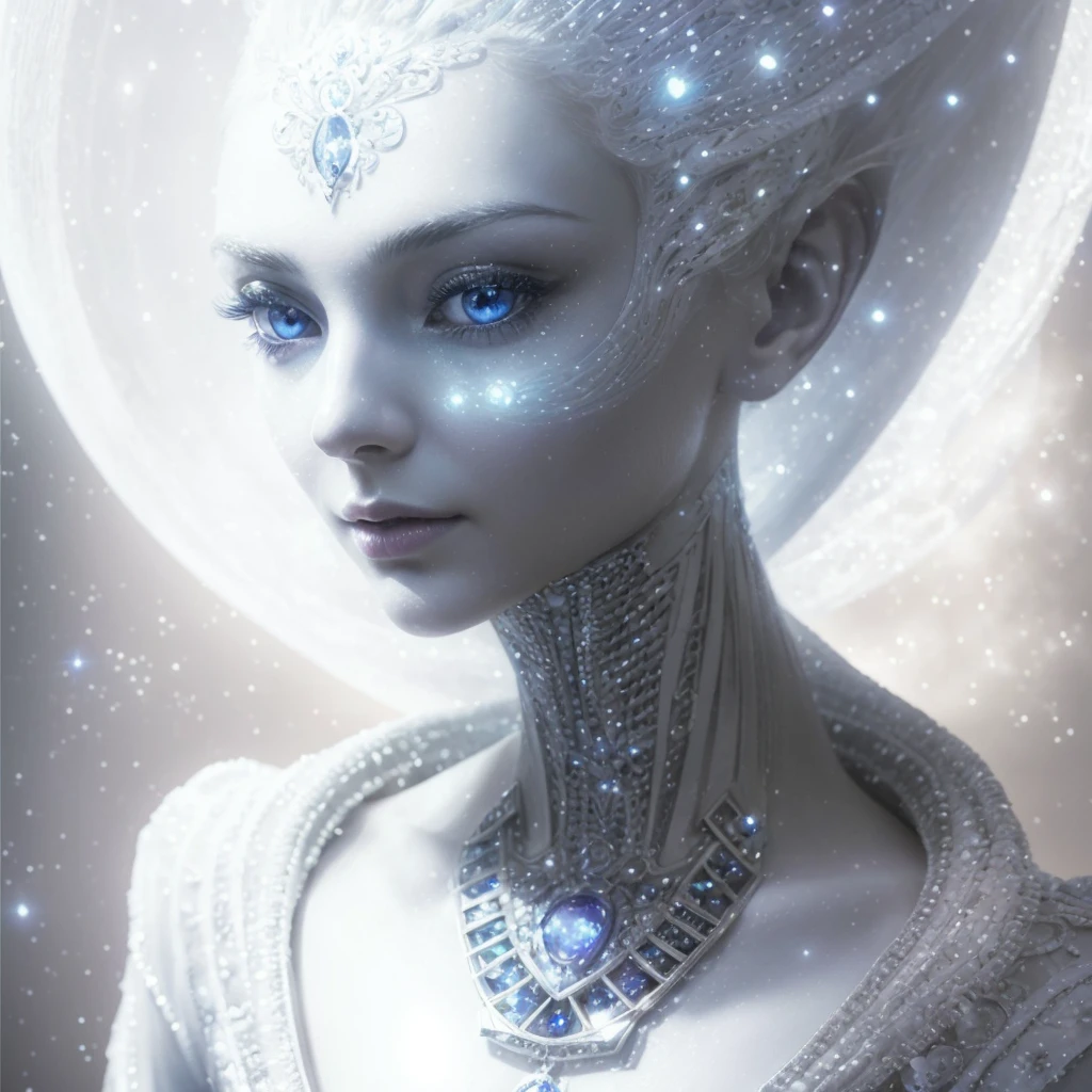 Very real and complete image. beautiful face in profile of an extraterrestrial Goddess, with a long neck, large and elongated head, very white and smooth skin, slanted blue eyes, tiny nose, bright blue luminous dots emerge from her neck, she wears a white ruffled dress. Photorealism, full view, highly detailed image, very realistic, hyperrealism, Ultra HD, 8k, 5, sharp focus, intricate and mysterious masterpiece. (Long exposure photography Very detailed close-up portrait artistic illustration: final quality, medium shot, backlight, Rich and striking. Enigmatic and mysterious manipulations (composition of the rule of thirds), ((detailed environment with strong lines) The best quality, in camera, white light, warm and clean aesthetics, dazzling screen composed of millions of brilliant ultraviolet rays, HDR.