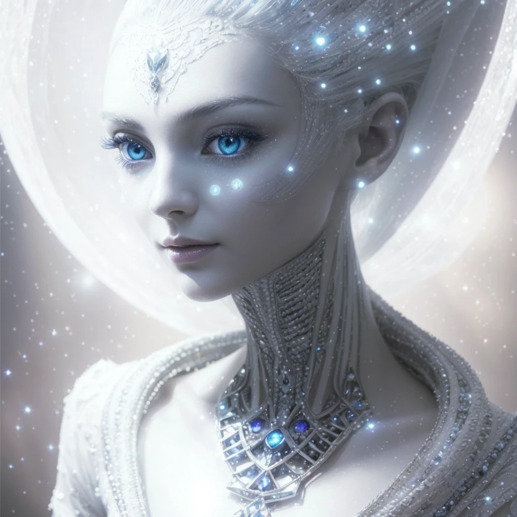 Very real and complete image. beautiful face in profile of an extraterrestrial Goddess, with a long neck, large and elongated head, very white and smooth skin, slanted blue eyes, tiny nose, bright blue luminous dots emerge from her neck, she wears a white ruffled dress. Photorealism, full view, highly detailed image, very realistic, hyperrealism, Ultra HD, 8k, 5, sharp focus, intricate and mysterious masterpiece. (Long exposure photography Very detailed close-up portrait artistic illustration: final quality, medium shot, backlight, Rich and striking. Enigmatic and mysterious manipulations (composition of the rule of thirds), ((detailed environment with strong lines) The best quality, in camera, white light, warm and clean aesthetics, dazzling screen composed of millions of brilliant ultraviolet rays, HDR.