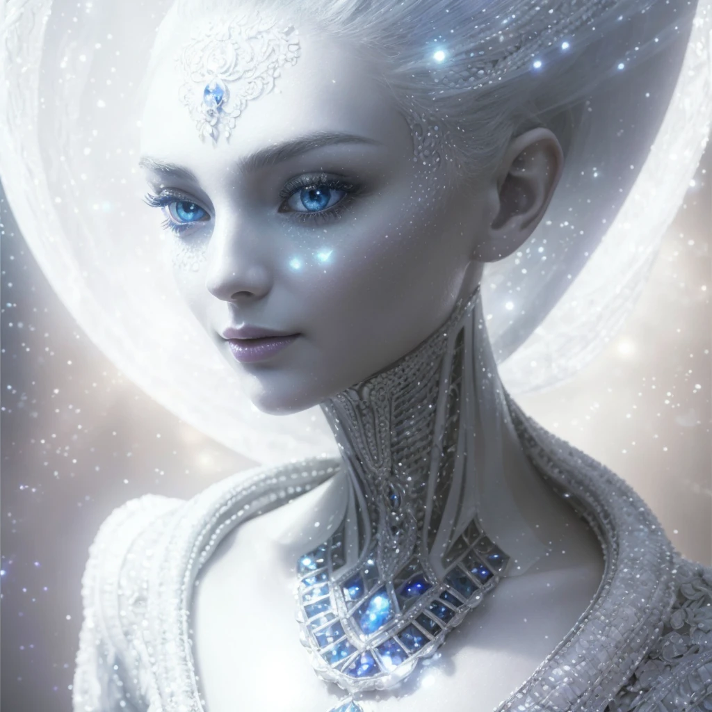 Very real and complete image. beautiful face in profile of an extraterrestrial Goddess, with a long neck, large and elongated head, very white and smooth skin, slanted blue eyes, tiny nose, bright blue luminous dots emerge from her neck, she wears a white ruffled dress. Photorealism, full view, highly detailed image, very realistic, hyperrealism, Ultra HD, 8k, 5, sharp focus, intricate and mysterious masterpiece. (Long exposure photography Very detailed close-up portrait artistic illustration: final quality, medium shot, backlight, Rich and striking. Enigmatic and mysterious manipulations (composition of the rule of thirds), ((detailed environment with strong lines) The best quality, in camera, white light, warm and clean aesthetics, dazzling screen composed of millions of brilliant ultraviolet rays, HDR.