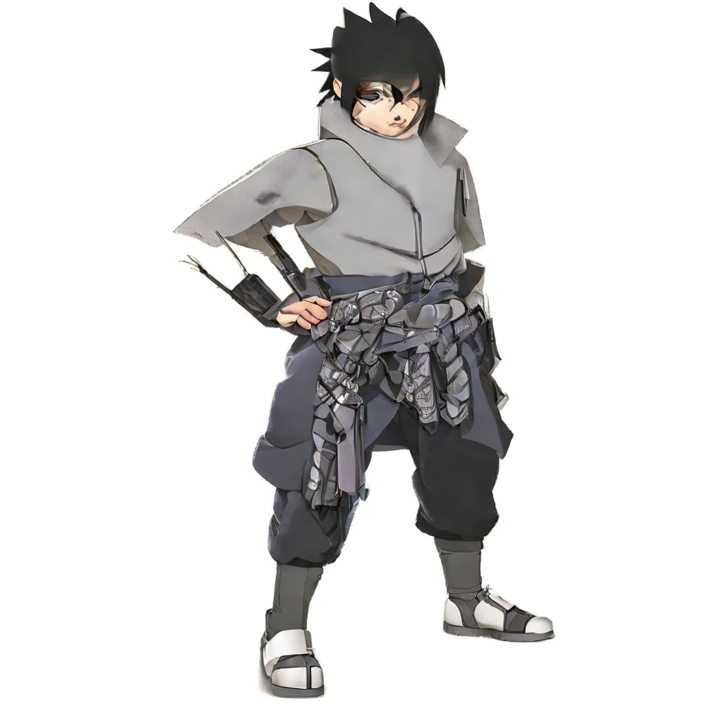 Generate a baby-style chibi character of Sasuke Uchiha from Naruto Shippuden. The character should have an adorable, small stature with a serious expression, big eyes, and a small, cute body like in the first image. Sasuke should be standing in a confident pose with one hand on his hip, wearing his signature outfit from the second image: a gray zip-up shirt, blue cloth belt tied in a large bow, black pants, and open-toed sandals. Make sure the overall style matches the cute, chibi look of the first image.
