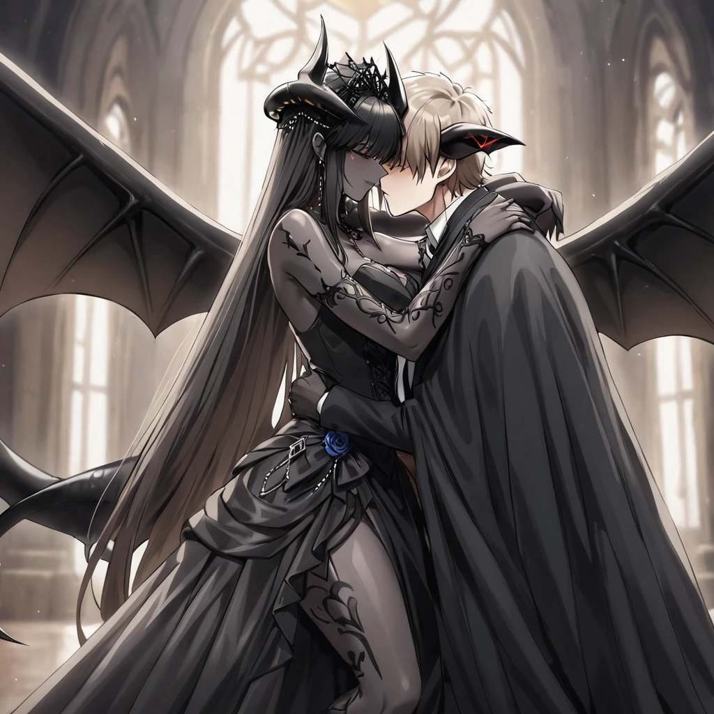 ((Highest quality)), ((masterpiece)), (detailed), （Perfect Face）、The woman is a sexy devil with jet black skin、The woman is a jet-black female demon with magnificent devil horns, jet-black devil wings, and a jet-black tail. Her skin is jet-black, and she is wearing a luxurious black Gothic Victorian wedding dress and a black wedding veil. She is embracing the dignified and powerful Great Demon King, kissing him in oath, and getting married to him. She is the jet-black demon Princess Leona, with medium-long light brown hair, a demon in both body and mind, and has the expression of a maiden in love.、The man is a dignified and powerful demon king, embracing the woman and kissing her in a wedding ceremony.