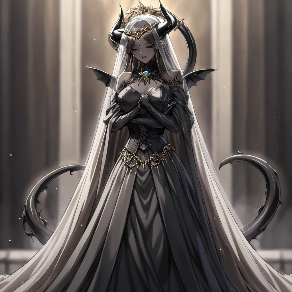((Highest quality)), ((masterpiece)), (detailed), (Perfect Face)、The woman is a sexy devil with jet black skin、The woman is a jet-black female demon with magnificent devil horns, jet-black devil wings, and a jet-black tail. Her skin is jet-black, and she is wearing a luxurious black Gothic Victorian wedding dress and a black wedding veil. She is embracing the dignified and powerful Great Demon King, kissing him in oath, and getting married to him. She is the jet-black demon Princess Leona, with medium-long light brown hair, a demon in both body and mind, and has the expression of a maiden in love.、The man is a dignified and powerful demon king, embracing the woman and kissing her in a wedding ceremony.