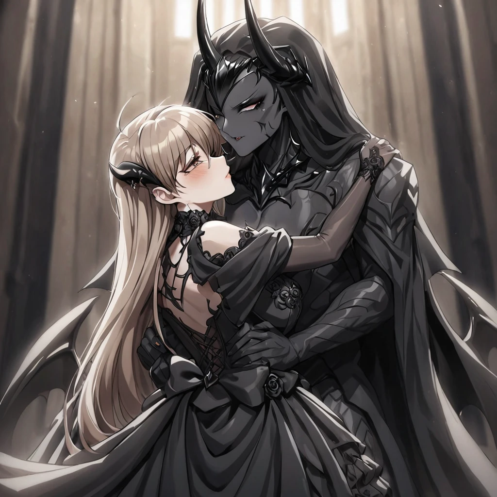 ((Highest quality)), ((masterpiece)), (detailed), (Perfect Face)、The woman is a sexy devil with jet black skin、The woman is a jet-black female demon with magnificent devil horns, jet-black devil wings, and a jet-black tail. Her skin is jet-black, and she is wearing a luxurious black Gothic Victorian wedding dress and a black wedding veil. She is embracing the dignified and powerful Great Demon King, kissing him in oath, and getting married to him. She is the jet-black demon Princess Leona, with medium-long light brown hair, a demon in both body and mind, and has the expression of a maiden in love.、The man is a dignified and powerful demon king, embracing the woman and kissing her in a wedding ceremony.