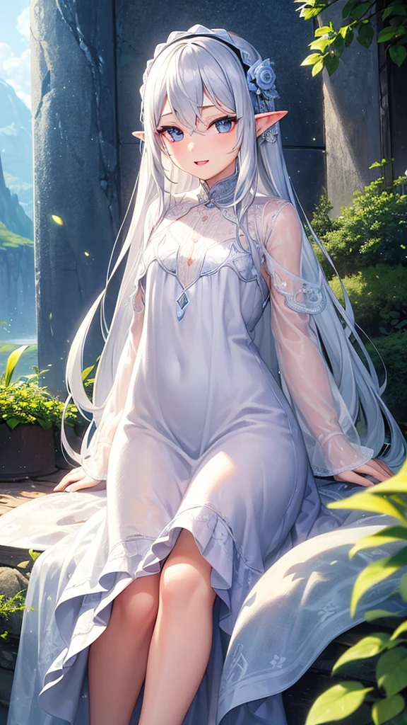 
((Highest quality)), ((masterpiece)), (detailed), One girl, The background is nature、The weather was sunny.、Silver hair straight long hair、Half Up、Parallel thin eyebrows、Double droopy eyes、Thin lips、Small nose、Blue Eyes、Long eyelashes、Delicate appearance、Illustration seen from the front、A big smile with an open mouth、White dress、Fantastic illustrations、Highlights are 7 colors、The light is on my face、Illustration of eyes matching the viewer、Elf、For delivery、Character portrait、whole body