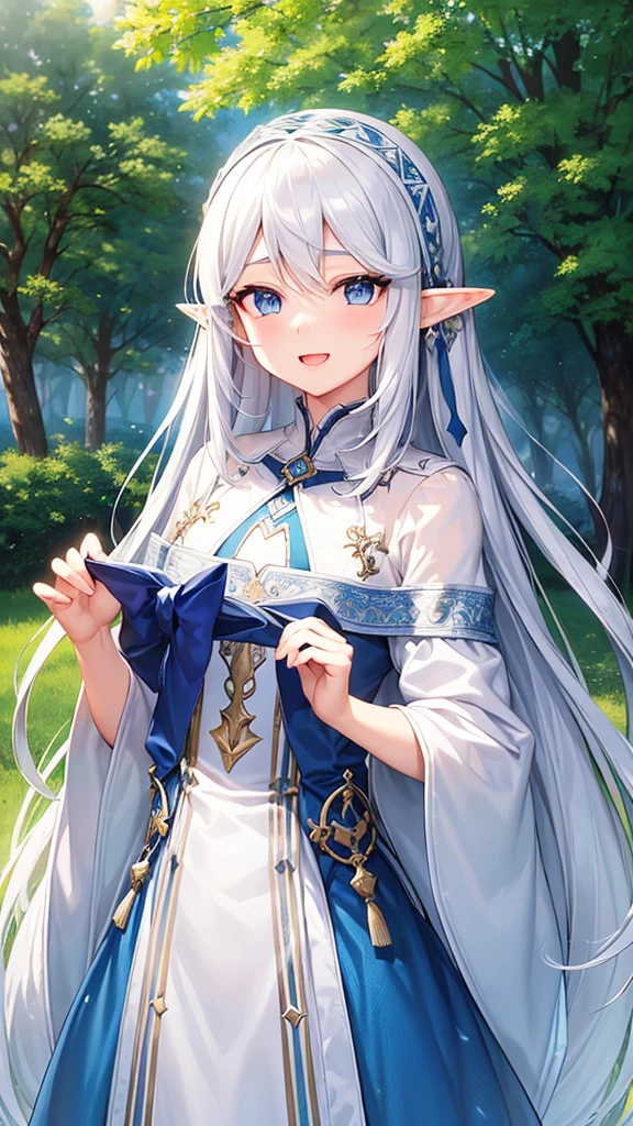 ((Highest quality)), ((masterpiece)), (detailed), One girl, The background is nature、The weather was sunny.、Silver hair straight long hair、Half Up、Parallel thin eyebrows、Double droopy eyes、Thin lips、Small nose、Blue Eyes、Long eyelashes、Delicate appearance、Illustration seen from the front、A big smile with an open mouth、White dress、Fantastic illustrations、Highlights are 7 colors、The light is on my face、Illustration of eyes matching the viewer、Elf、For delivery、Character portrait、whole body
