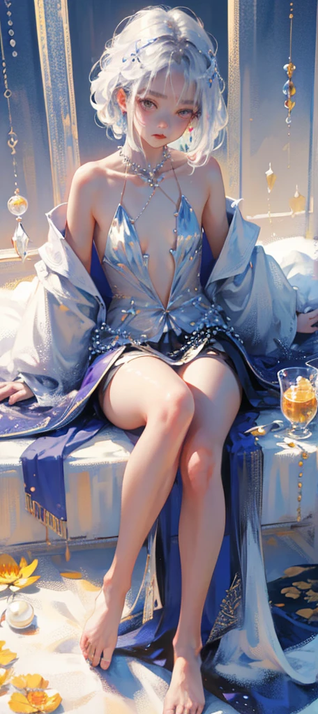 A girl、symmetry,Daughter,whole body 女恋,Put your hands together and bloom,(Very detailed:1.1),((small :1.2))、The eyes are well drawn、Charming eyes、Double tail、Wear jewelry and pearls around your neck,Transparent openwork、Deep V、Crystal Pearls、在Wear jewelry and pearls around your neck,white hair, show your thighs, Bare shoulders, Show Clavicle, Yao Liu, barefoot,((whole body))、painful posture