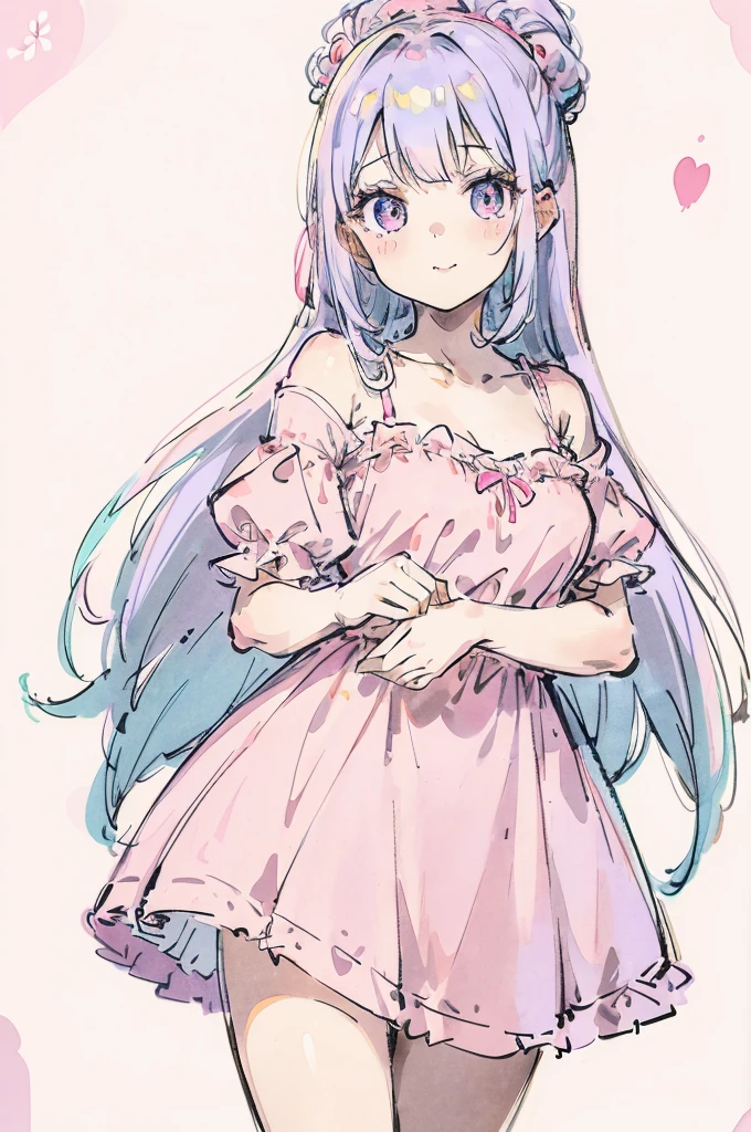 1girl, cute young woman, full body portrait, standing pose, pink dress, white background, soft lighting, high detail, anime style, vibrant colors, kawaii, big eyes, cheerful expression