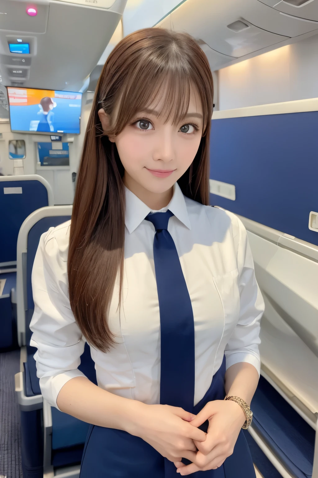 Highest quality, masterpiece, 8K, Ultra-high resolution, (Realistic: 1.4), 1 Girl, Beautiful Face, Symmetrical eyes, big, Perfect Body Proportions, Stewardess Uniform, Viewer Perspective, (On the plane: 1.2), Front view, Shoulder jumps, Absolute area (1.3),