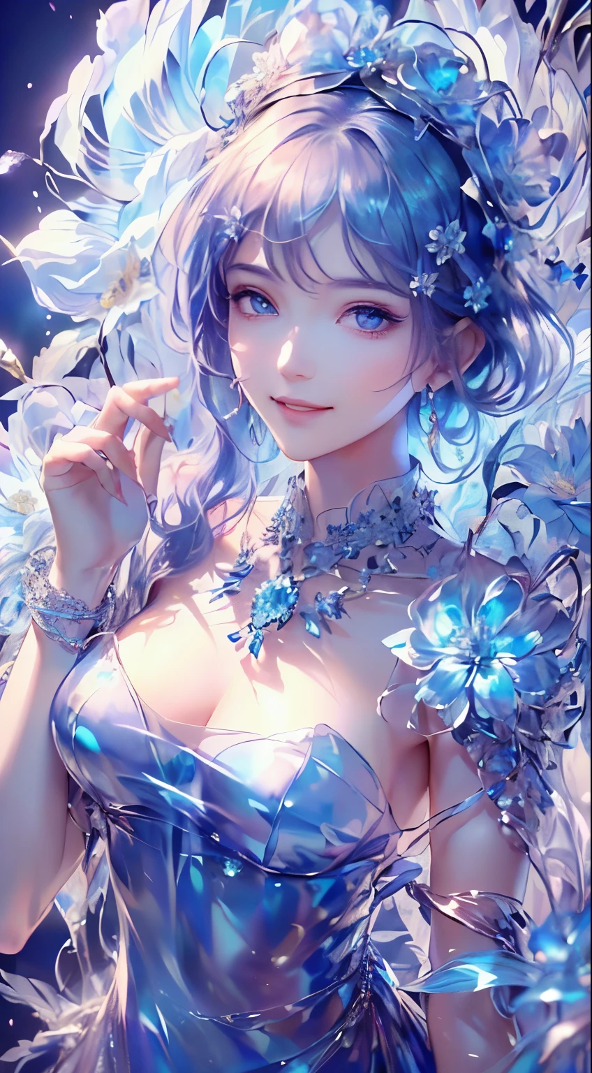 masterpiece，Highest Resolution，((((Bow your head and smile))))，Dynamic avatar of a beautiful aristocratic girl，Her blue hair is elegantly curled，（((Wearing a large flower crown、Bucket hat，gem，Diamond Necklace)))，Purple transparent eyes，(((The hair is covered with beautiful and delicate floral crafts, crystal jewelry filigree)))，Ultra-detailed details，mysterious，