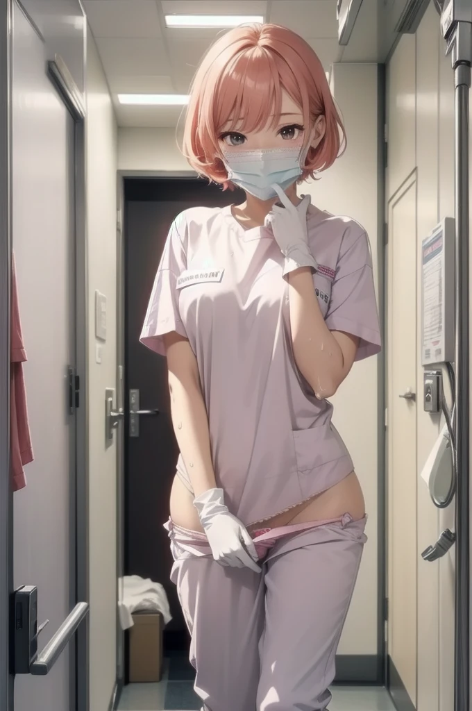 Beautiful young woman, Anime Style, Detailed face, Redhead, Wet Hair, Big eyes, pinkの目, Delicate features,One Girl, alone, nurse, pink, White gloves, Very short hair, Orange Hair, ((White surgical mask, Covered Nose)), ((Hospital room)), Sharp contours, Short sleeve, Tomboy, boyish, Highest quality, masterpiece、No hat、erotic、sexy、Masturbation、pants、pinkローター、barefoot、Thighs、Nice face、Embarrassed face、Hospital roomのベッド、Half naked、Are standing、Showing her panties、