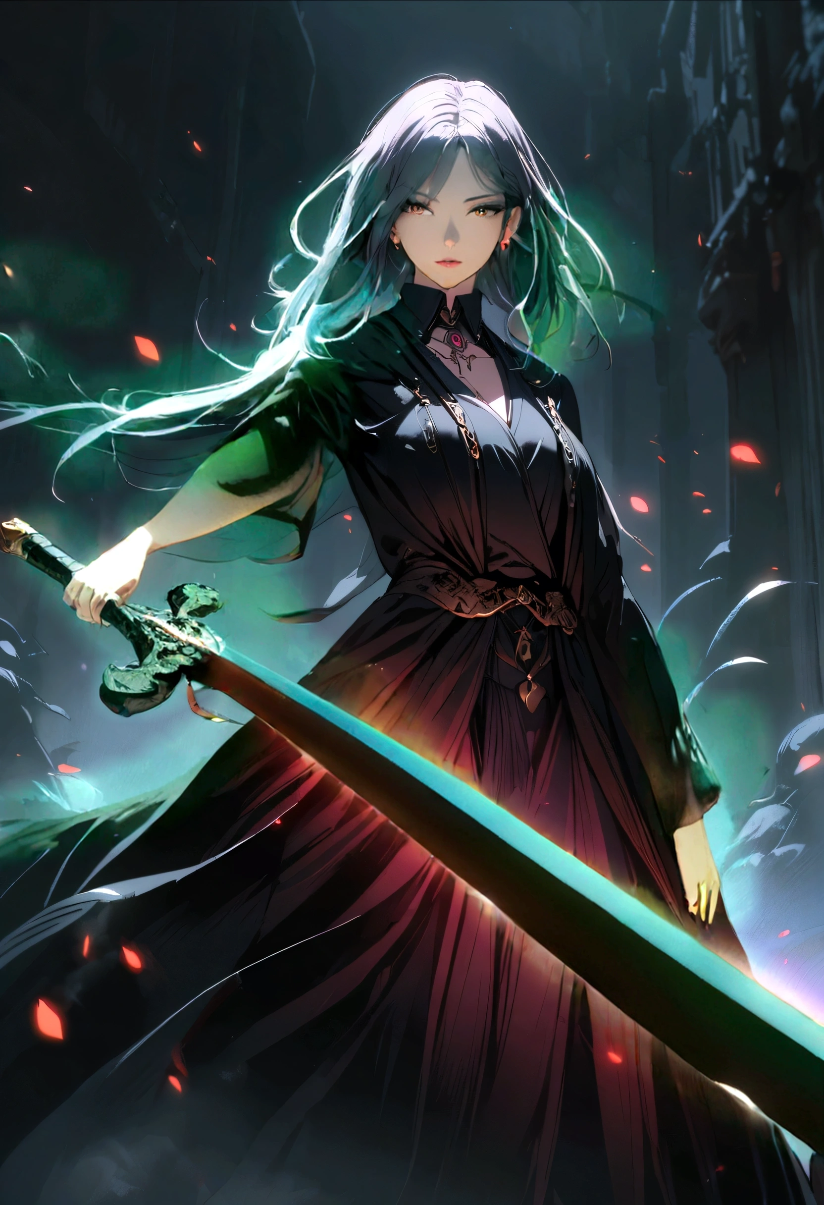 Black robe, mysterious woman, large sword