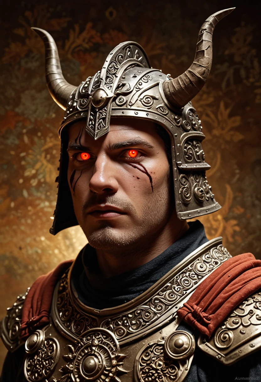 man in samurai armor with fur around the neck and waist, wearing devil helmet, dusty detail ornaments, battle weary, man warrior, armor, epic, face scar, dnd character portrait, intricate, 8k resolution, dynamic lighting, hyperdetailed, unreal 5, volumetric lighting, alphonse mucha, pre-raphaelite, detailed background, mandala, detailed face, detailed eyes, neon eyes  