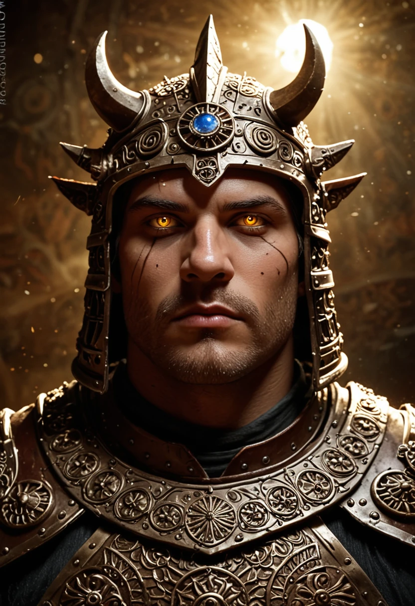 man in samurai armor with fur around the neck and waist, wearing devil helmet, dusty detail ornaments, battle weary, man warrior, armor, epic, face scar, dnd character portrait, intricate, 8k resolution, dynamic lighting, hyperdetailed, unreal 5, volumetric lighting, alphonse mucha, pre-raphaelite, detailed background, mandala, detailed face, detailed eyes, neon eyes  
