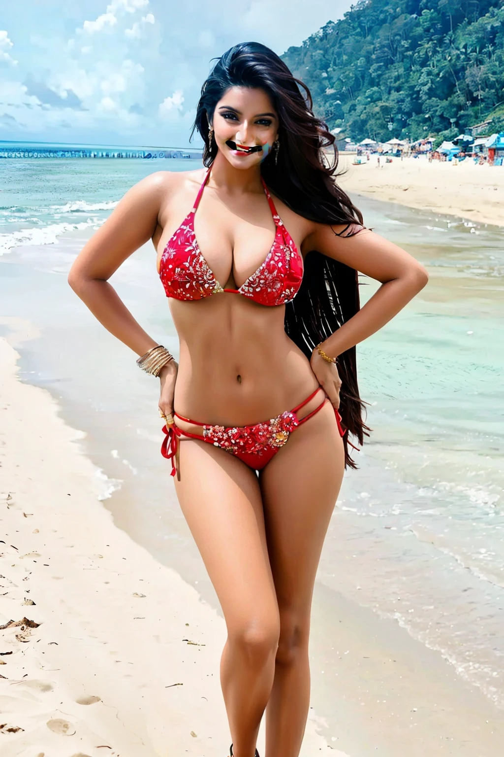 erotic,high quality, super sexy sensual erotic bodyfit bikini ,large breasts, smiling indian super model,in the seaside. upper knee.