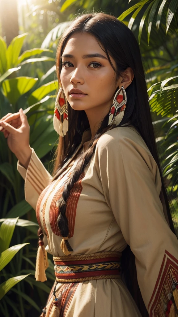 Very beautiful native american woman, traditional cloths, Sharp focus, hyper realistic, evening sunshine, jungle, close-up,