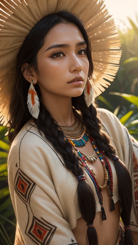 Very beautiful native american woman, traditional cloths, Sharp focus, hyper realistic, evening sunshine, jungle, close-up,